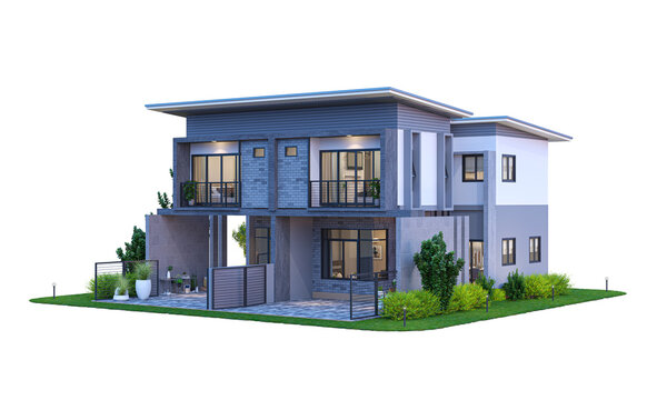 3D rendering of a contemporary two-story twin house with a modern grey and white concrete facade, brick pattern details, balconies, and a paved driveway isolated on a white background.
