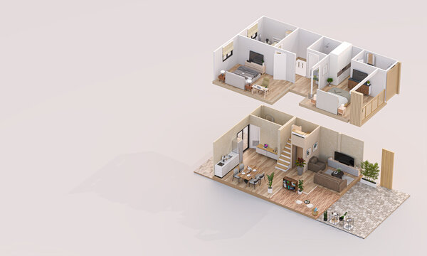 3D rendering of a detailed architectural floor plan for a modern two-story house, showcasing realistic interior furnishing, wooden flooring, living room setup, dining area, and upper-floor bedrooms.