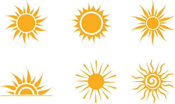 Yellow sun icons set, sunshine and solar glow, sunrise or sunset. Decorative circle full and half suns and sunlight collection. Hot solar energy for tan