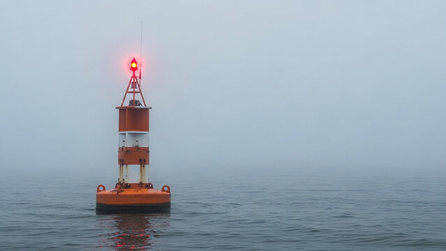Red and white maritime buoy with a glowing warning light floating in thick mist on a calm ocean for navigation