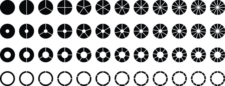 Circle divides on 1 to 9 equal parts. Wheel round diagram part symbol. Infographic element round shape, Circle semicircle quarter shapes. Black segmented circle set.