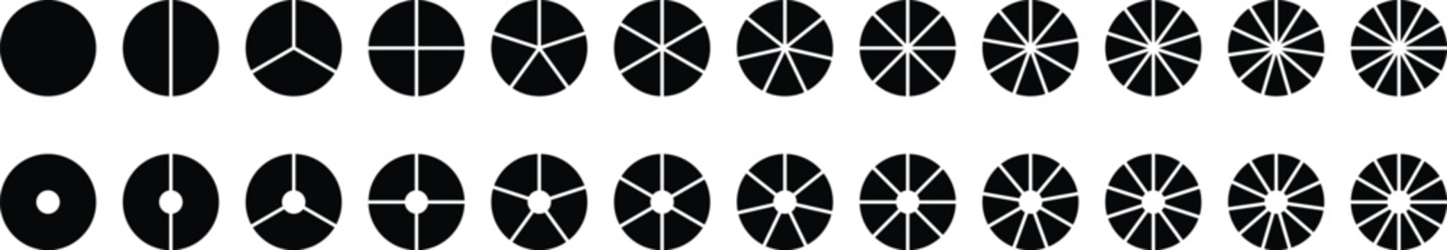 Circle division 1, 2, 3, 4, 5, 6, 7, 8, 9, 10, 11, 12 equal parts blank. Circle divided diagrams, sections, segments. Circle pie chart infographic wheel segment fraction. Info-graphic icons set vector