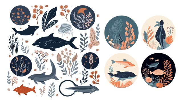 Vector set of different types of fish, algae, shells, and marine plants. Underwater environment in a flat illustration style with pastel colors.