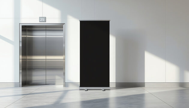 Bright hall with elevator and vertical banner. 3d rendering 