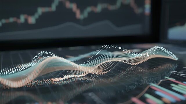 Close medium shot on an algorithmic trading dashboard simulating equity strategies sharp order flow data in focus with a blurred backdrop of market indicators.