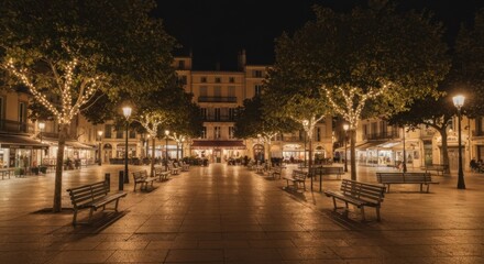 Fototapeta premium A European square at night, lit by string lights and street lamps, with shops and benches