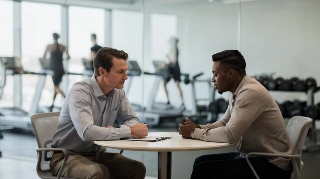 Gym franchise opportunities presentation by consultant in medium shot with client listening closely main subjects detailed against softly blurred fitness imagery in background.