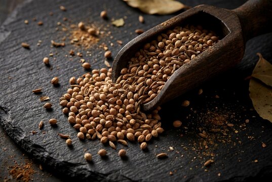 Aromatic Coriander and Cumin Seeds Spilling on Dark Slate