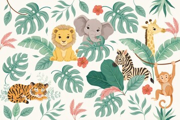 Obraz premium Cute jungle animals including a lion, elephant, giraffe, zebra, tiger, and monkey surrounded by tropical monstera leaves and flowers