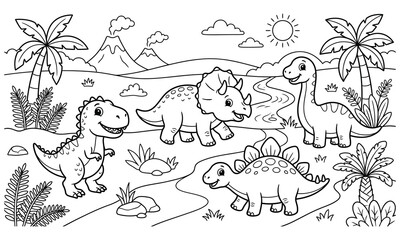 Smiling dinosaurs in prehistoric landscape coloring page © shgrafixcore