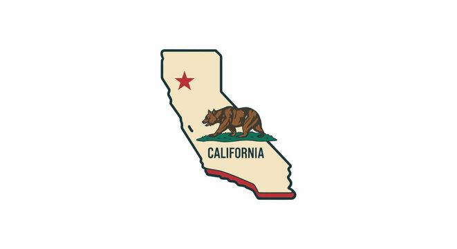 Illustration of California State Map with Bear and Red Star.