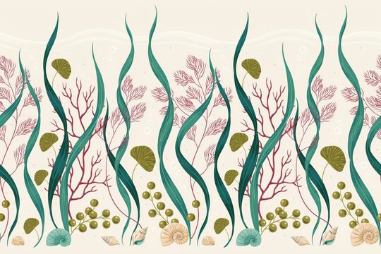 Underwater seamless pattern with green seaweed, red coral, seashells, and bubbles on a light beige background, for ocean theme