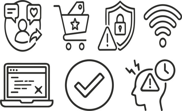 E-commerce Web Interface Line Icon Set with Cyber Security Padlock Shield Shopping Cart Social Media Sharing User Profile Stress Warning and System Error Vector Designs