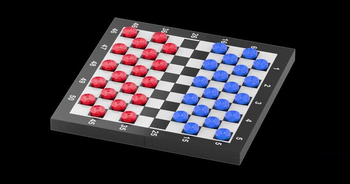 Checkers board with red and blue pieces rotation animation seamlessly loopable. 3D rendering isolated on transparent background