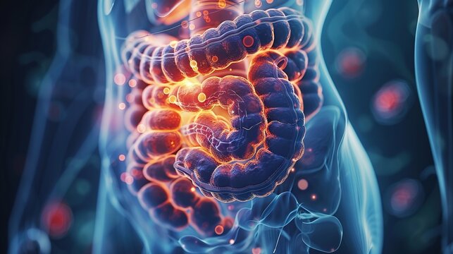 Detailed 3D medical illustration showing human colon and rectum anatomy, visualization of colorectal cancer tumors, comparison between healthy intestinal tissues and malignant lesions for clinical 