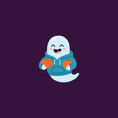 Fototapeta premium Cute Cartoon Ghost Wearing Hoodie and Holding Candies Vector