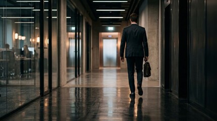 Obraz premium A professional man in a suit carries a briefcase down a long office hallway, creating a strong contrast of light and shadow as he prepares to quit his job permanently today