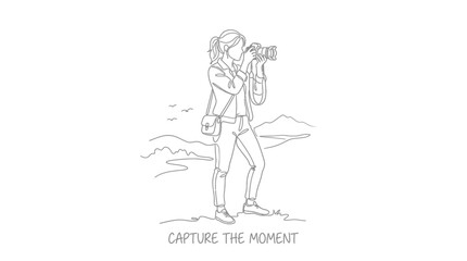 Obraz premium Line art illustration of a female photographer taking pictures.