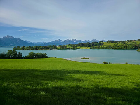 germany, breathtaking alpine vista above illasbergsee with vibrant meadow and forested shoreline beneath majestic peaks