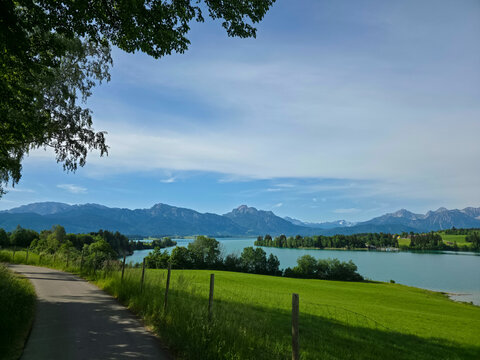 germany, inviting hiking and cycling path leading toward illasbergsee alpine scenery across green summer meadows