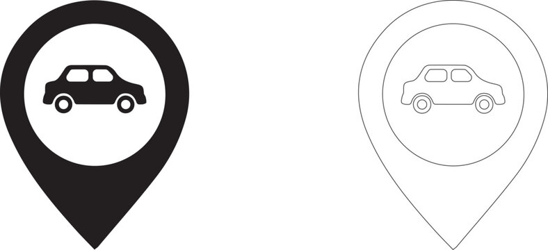 Car location pin vector icon, ridesharing map pointer symbol, vehicle GPS navigation and smart parking marker.