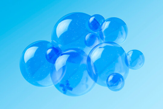 Floating glass spheres in blue 3D liquid on minimal light background