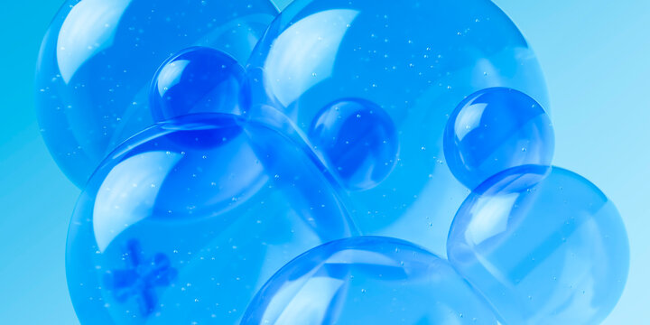 Blue spheres in abstract 3D liquid glass scene on clean background