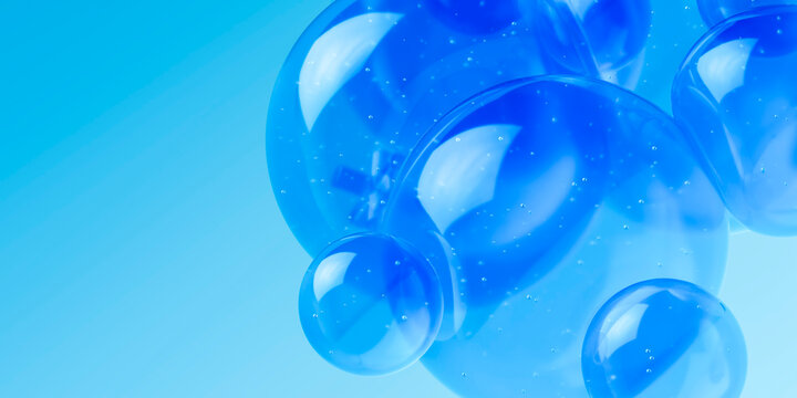 Blue 3D bubbles in liquid glass with abstract smooth composition on background