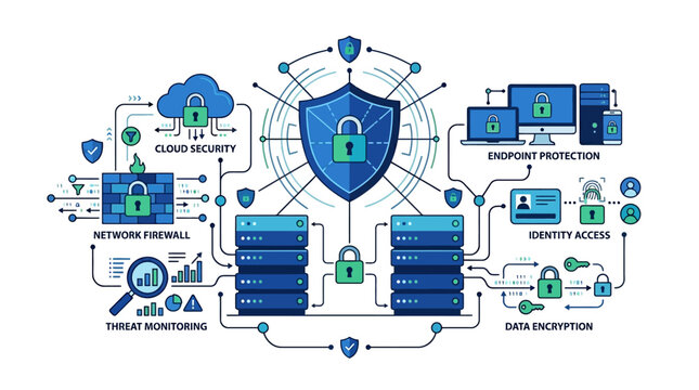 Infographic illustration of a cybersecurity system with a shield and various connected devices and icons on a white background.