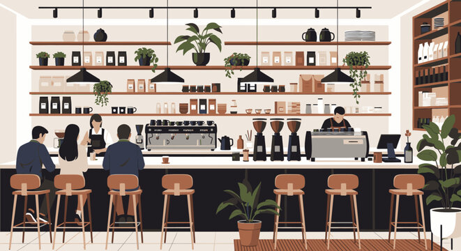 Modern cafe interior with baristas serving customers at the counter