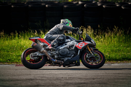 Regular training in Riga, Latvia, Bikernieki on 12-05-2026  Motorcyclist leaning into a turn on a racetrack