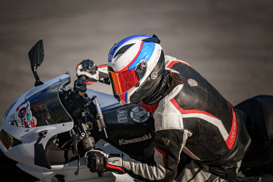 Regular training in Riga, Latvia, Bikernieki on 12-05-2026  Motorcyclist leaning into a turn on a race track