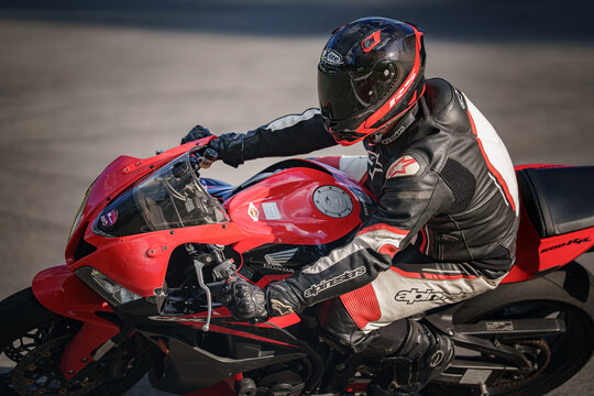 Regular training in Riga, Latvia, Bikernieki on 12-05-2026  Motorcyclist leaning into curve on racetrack