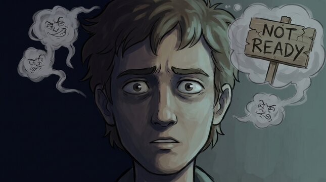 Scared young man with anxious face looking forward surrounded by negative thoughts and not ready sign vector illustration