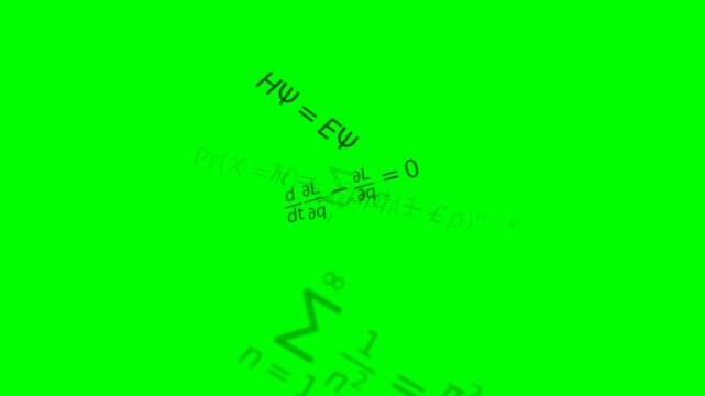 Animated complex math equations flying outward from the center past the camera on chroma key green screen background