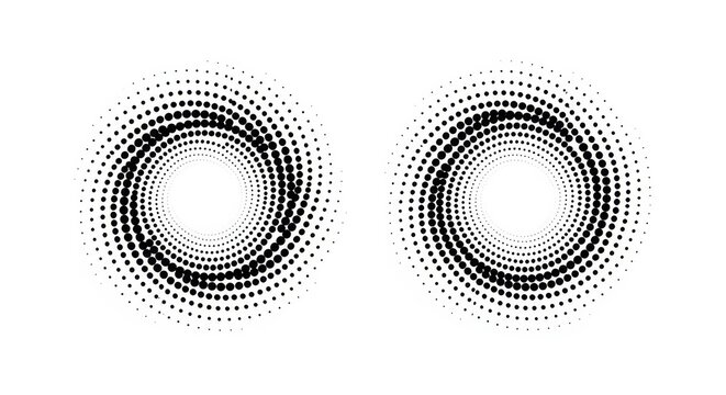 Set of Two Black Halftone Spiral Circle Patterns Isolated on White Background - Abstract Geometric Design Elements