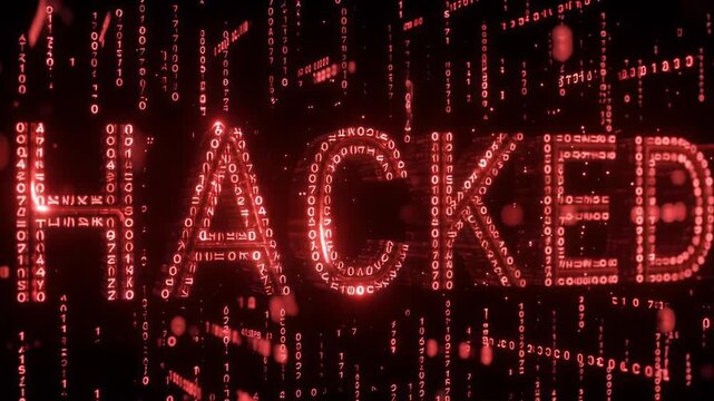 Hacked red digital text glowing on a dark screen with streaming binary code motion video footage