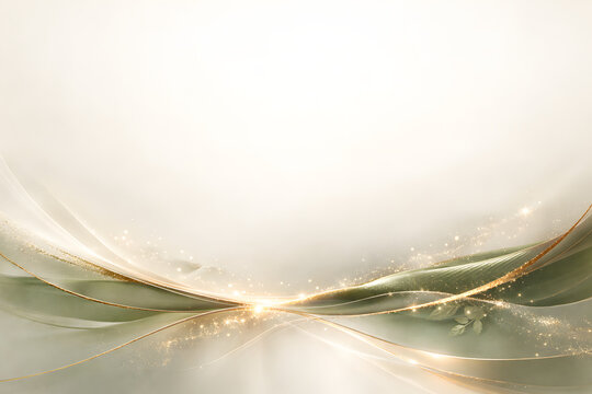 Luxury abstract sage green background with elegant flowing gold light waves and shimmering particles at the bottom. generated by AI.