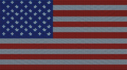 Fototapeta premium A digital American flag composed of small LED lights in red, white, and blue colors, creating a pixelated representation of the stars and stripes.