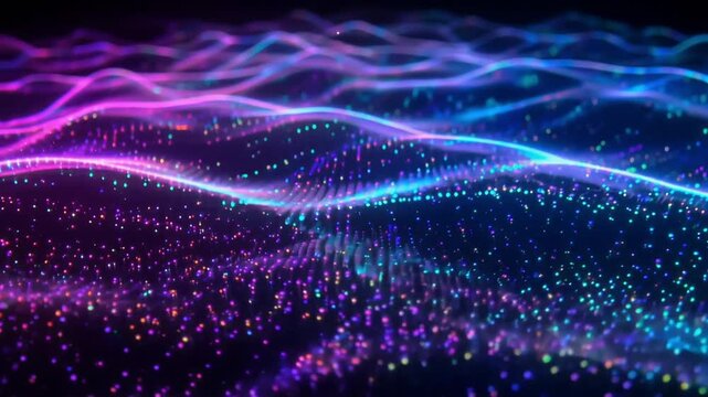 Glowing neon light waves moving across a dark abstract digital landscape in this motion video clip