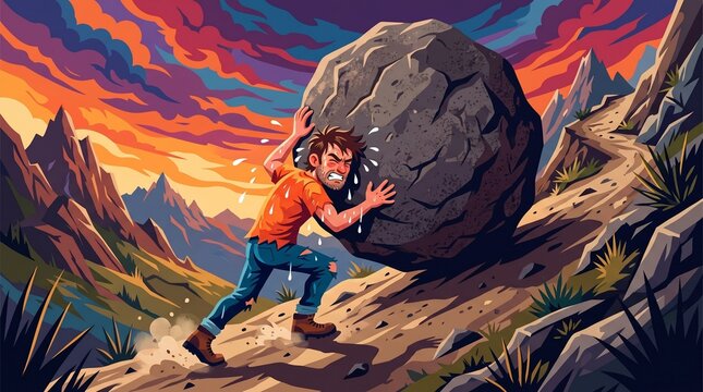 Determined Cartoon Man Pushing Huge Heavy Boulder Up Mountain Road, Sisyphus Concept of Perseverance and Hard Work Vector Illustration