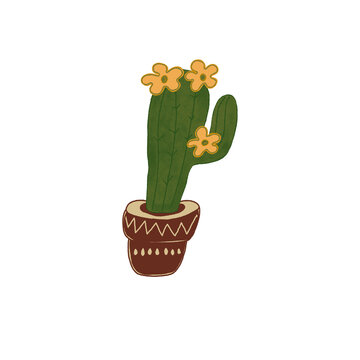 Minimalist hand drawn saguaro cactus with yellow flowers in a ceramic pot