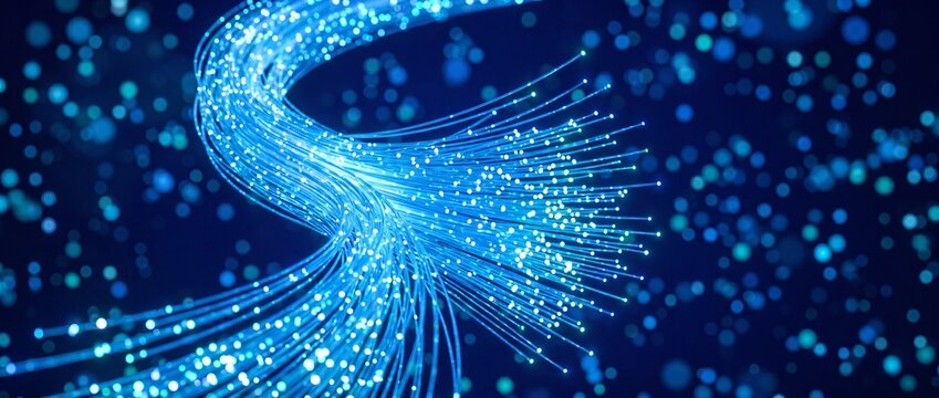 Glowing blue fiber optic cables swirl in a dynamic pattern against a dark background with bokeh lights