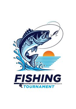 Fishing Tournament Logo Design with Jumping Bass Fish, Lure, and Sunset Background for Sports and Outdoor Events