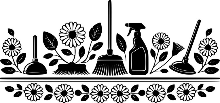 Spring cleaning service monogram frame vector illustration featuring split borders decorated with flowers leaves broom spray bottle brushes and toilet plungers.