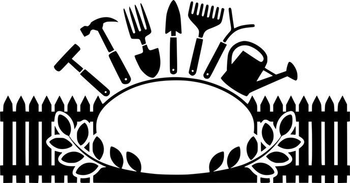 Gardening monogram frame vector illustration featuring an oval copy space banner with a wooden fence leaves watering can shovel and hand tools isolated on white.