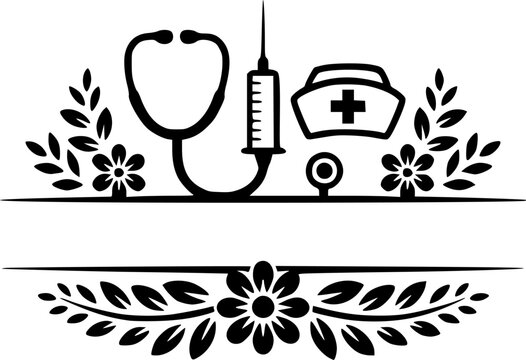 Medical nurse monogram frame vector illustration with text copy space featuring split borders decorated with flowers stethoscope syringe and cap.