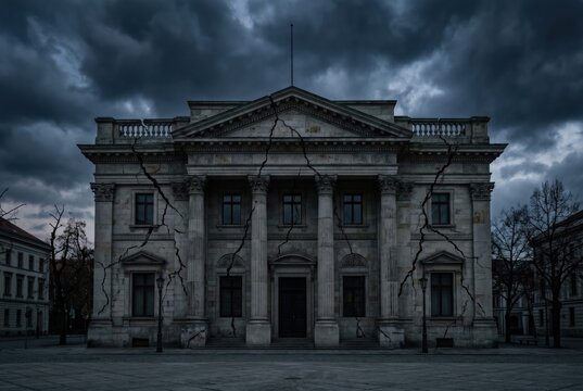 Cracked bank building facade under dark storm clouds, global banking collapse and institutional financial crisis concept