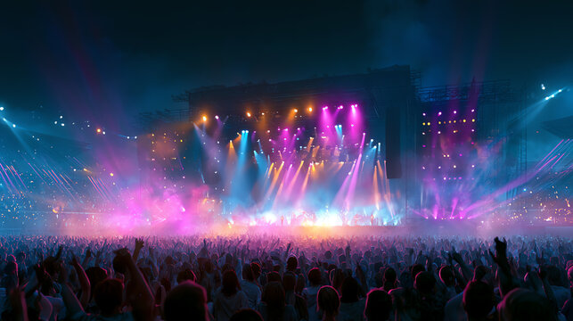 Vibrant concert scene with a lively crowd enjoying colorful lights and a thrilling atmosphere.