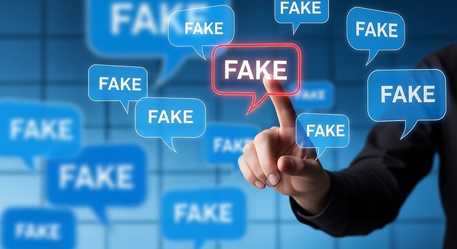 Hand touching glowing red fake news bubble surrounded by blue fake news bubbles misinformation deception